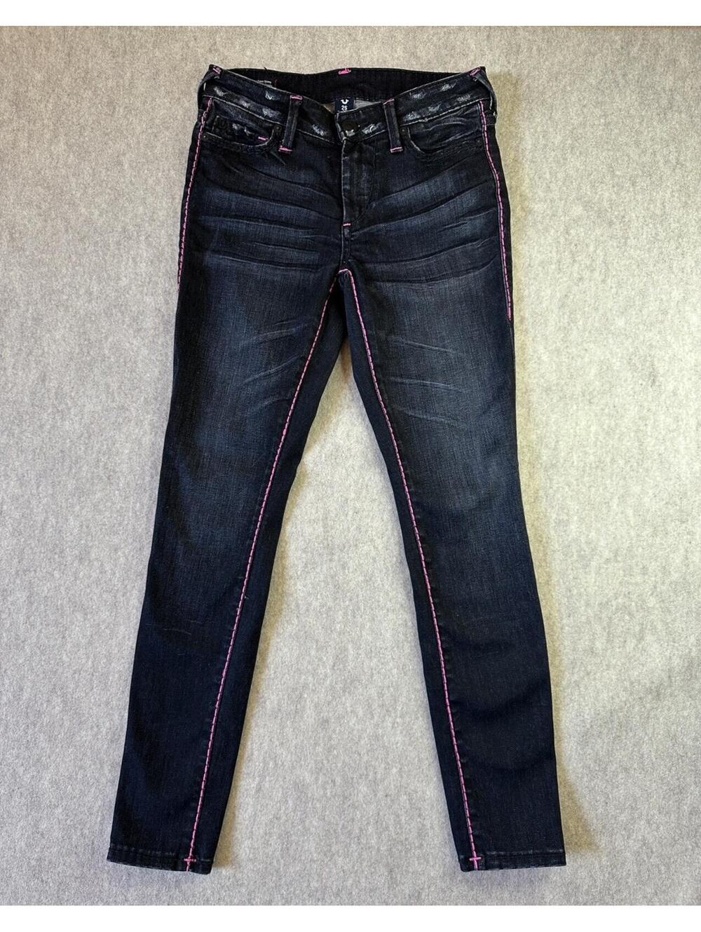 TRUE RELIGON Halle Mid-Rise Super Skinny Jeans Black Pink Stitch Size 25